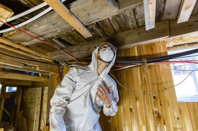 Mold Inspection guy looking at mold on the ceiling